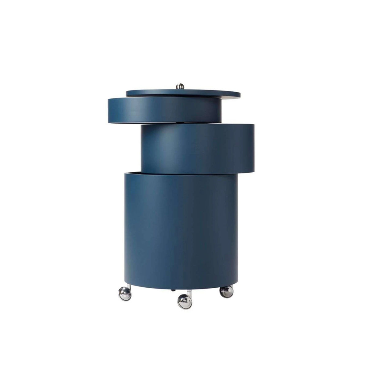 SWIVEL Bar Cabinet — cylindrical, on castors, navy / petrol