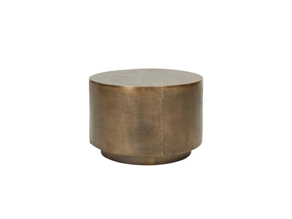 DRUM Side Table — metal, cylindrical, brass / patina