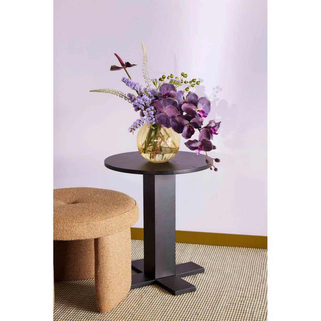 CHUBBY Pouffe — upholstered, round, mustard / caramel