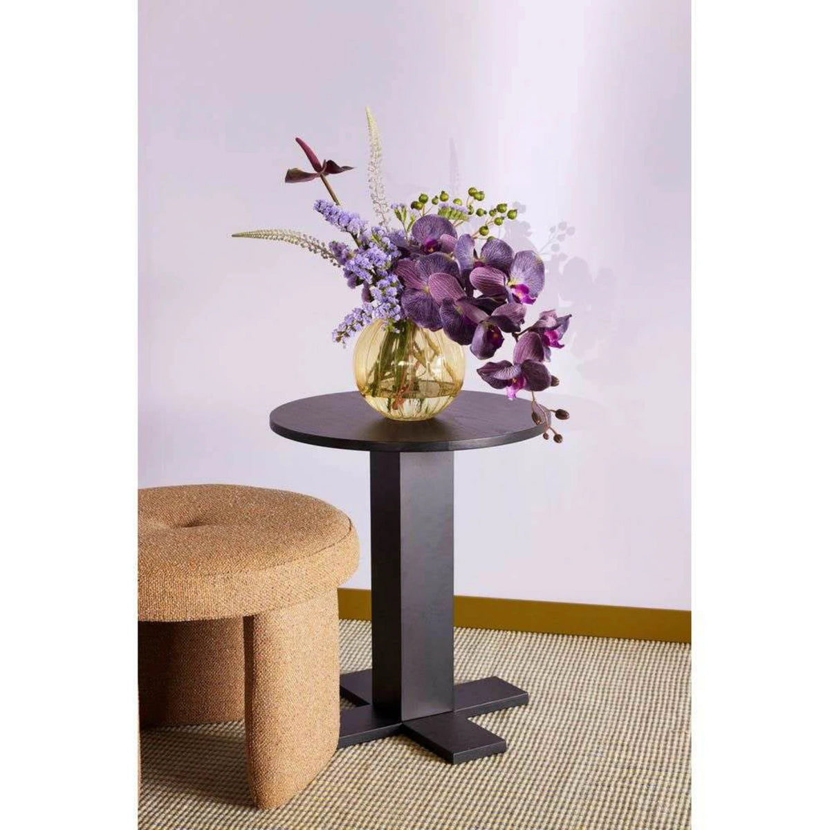 CHUBBY Pouffe — upholstered, round, mustard / caramel