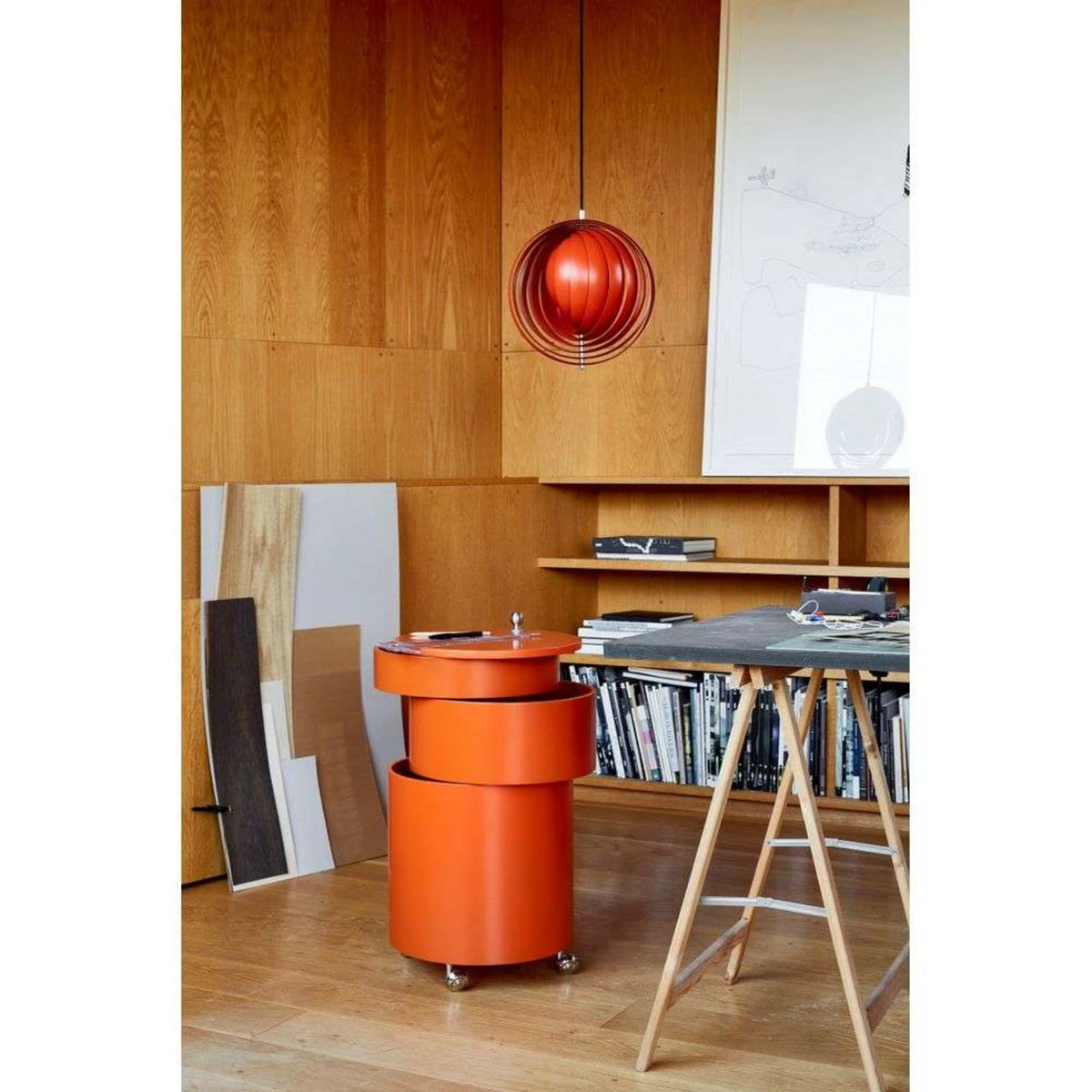 SWIVEL Bar Cabinet — cylindrical, on castors, orange / terracotta