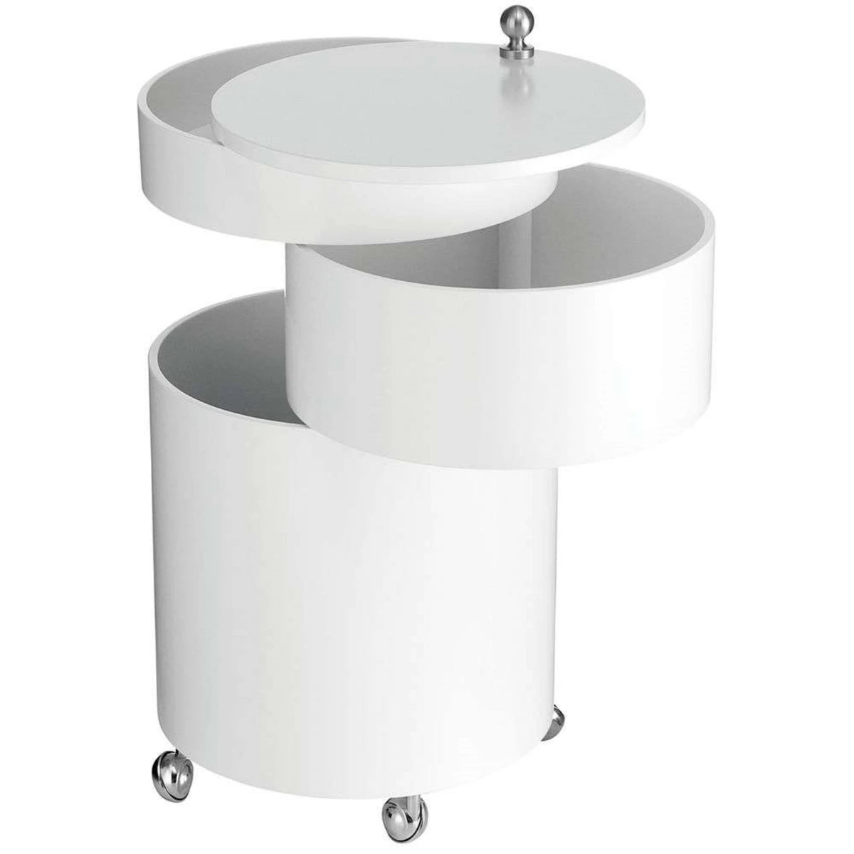 SWIVEL Bar Cabinet — cylindrical, on castors, white