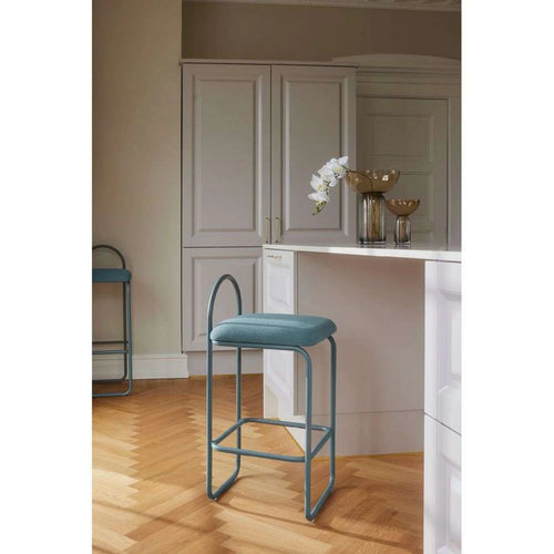 ARCH Bar Stool — upholstered, boucle, petrol / marine grey