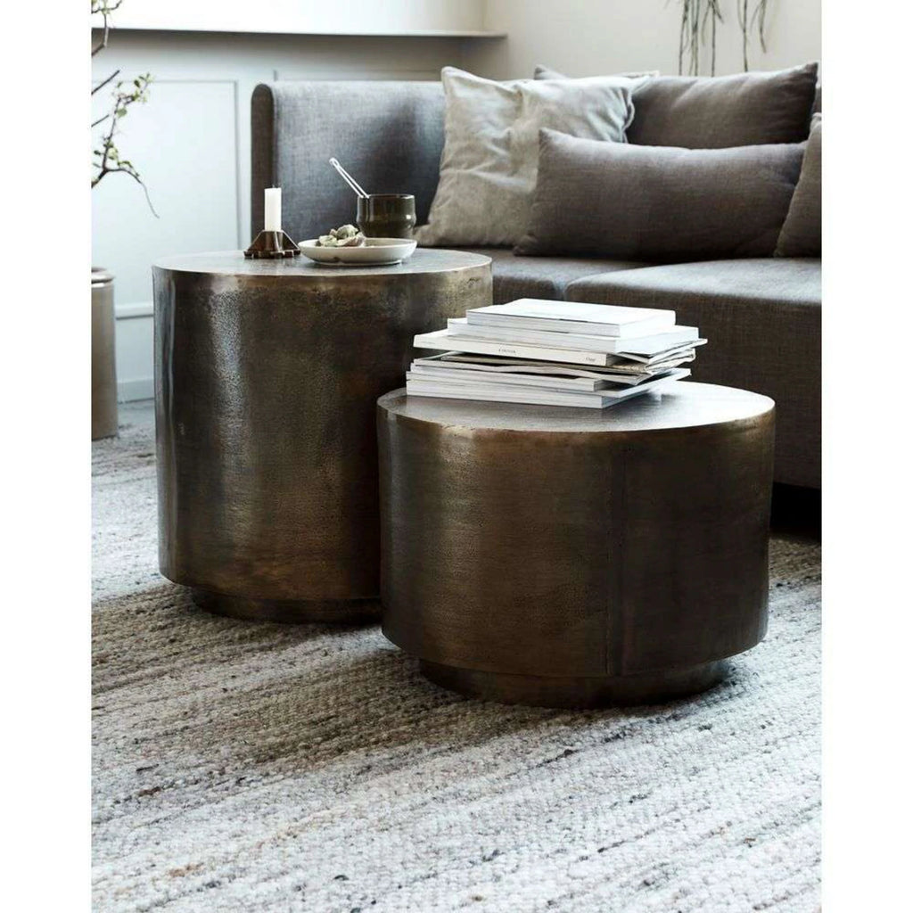 TOTEM Side Table — metal, cylindrical, brass / patina
