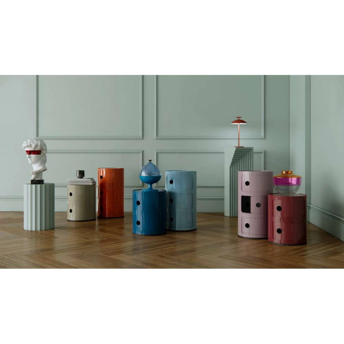 CYLINDER Modular Storage Unit — round, 3 drawers, terracotta / coral