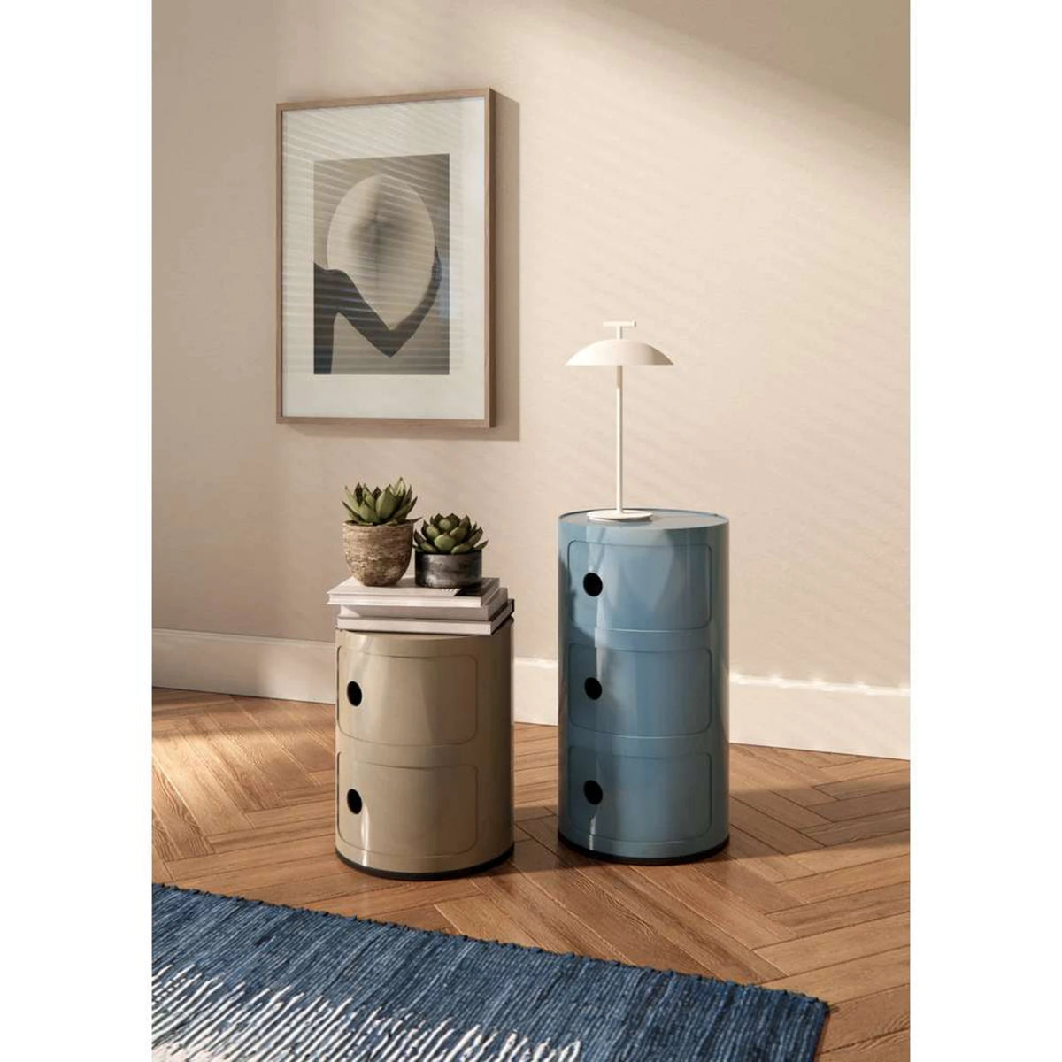 CYLINDER Modular Storage Unit — round, 2 drawers, dusty blue