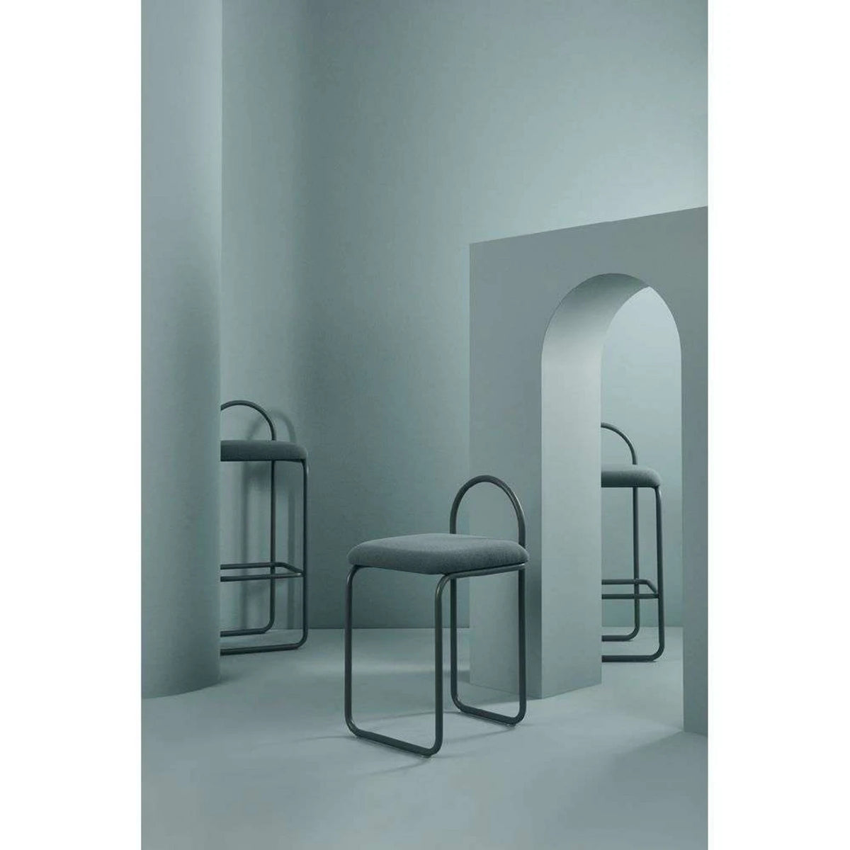 ARCH Bar Stool — upholstered, boucle, petrol / marine grey
