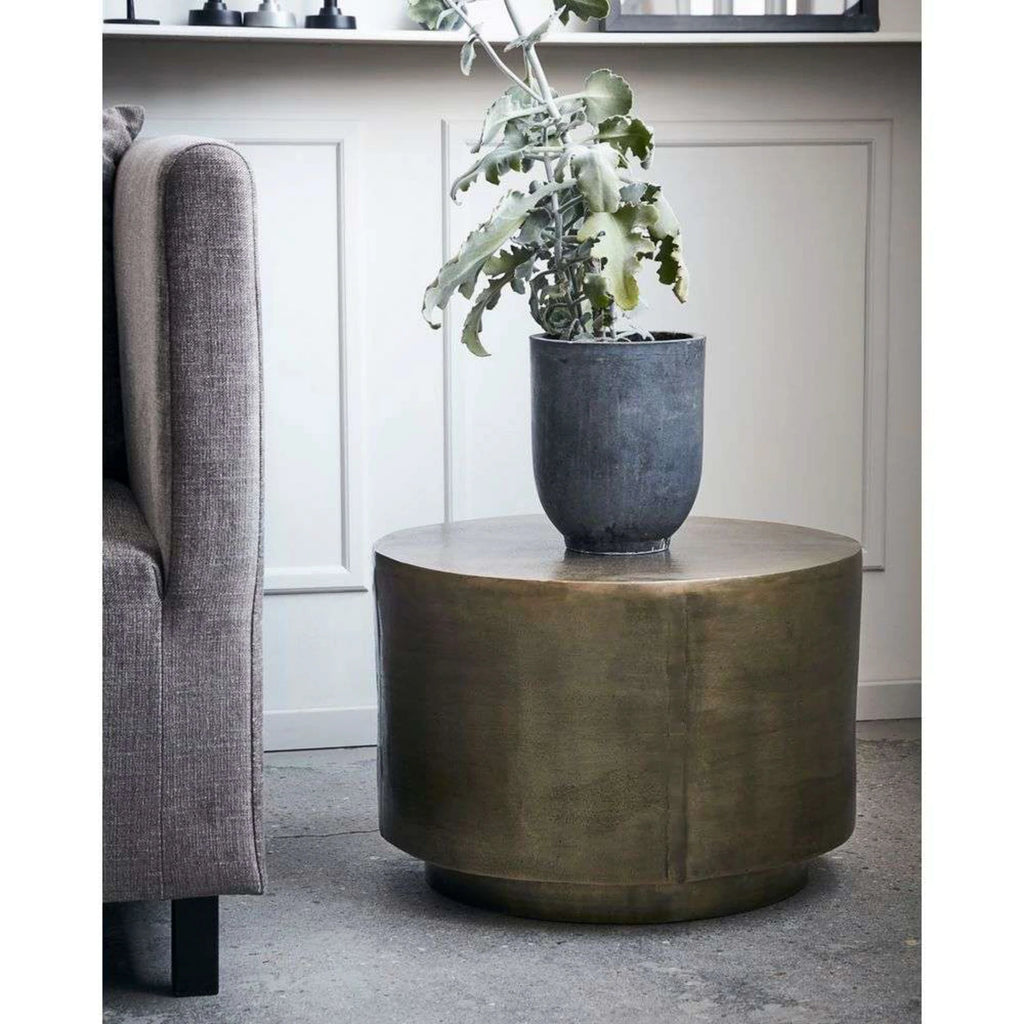 DRUM Side Table — metal, cylindrical, brass / patina