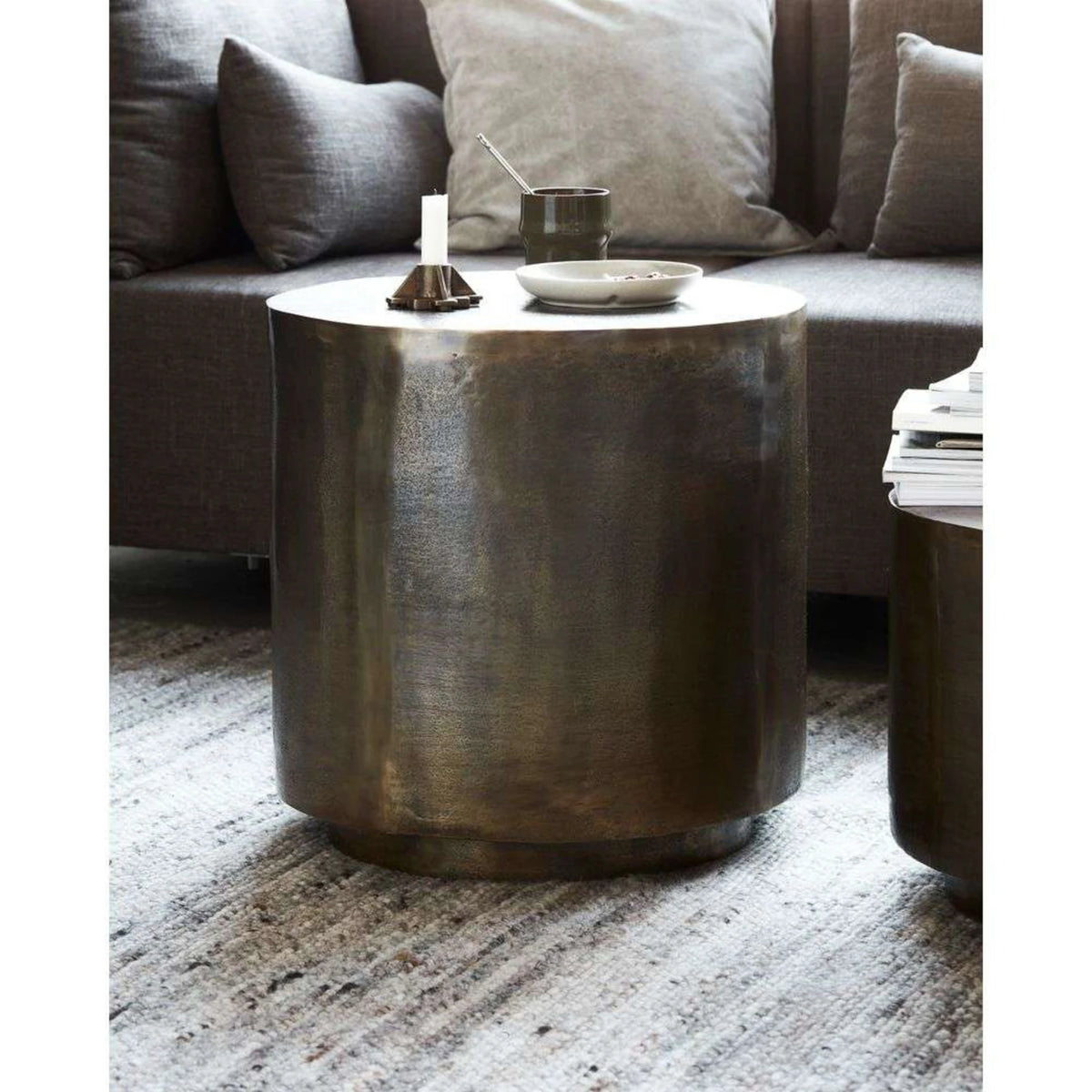 TOTEM Side Table — metal, cylindrical, brass / patina