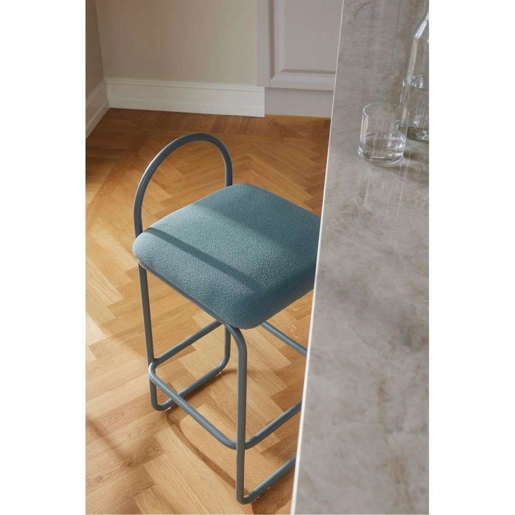 ARCH Bar Stool — upholstered, boucle, petrol / marine grey
