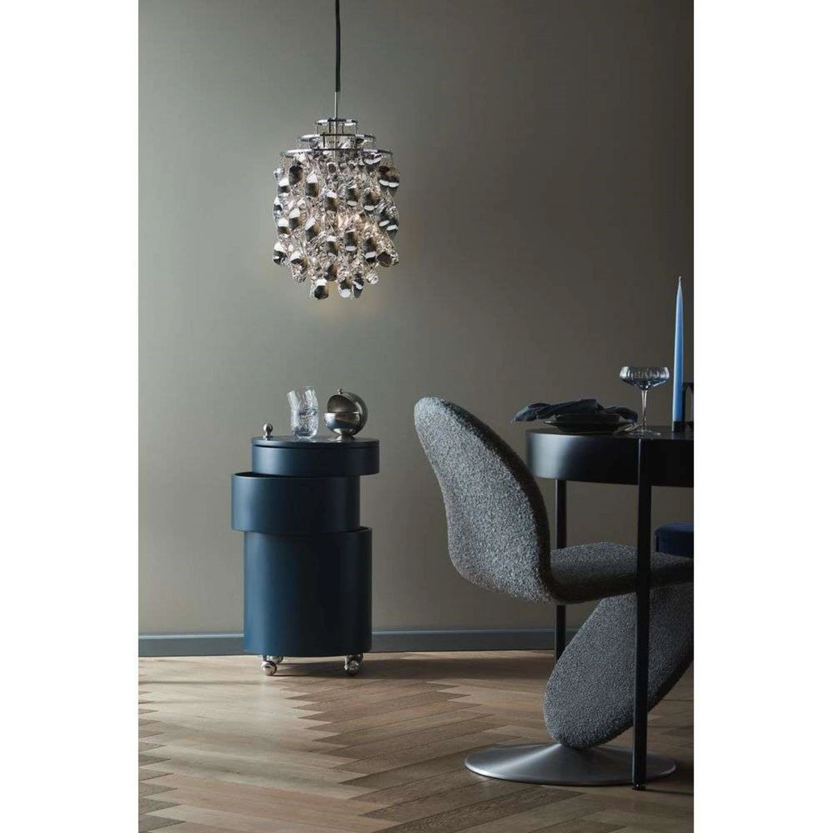 SWIVEL Bar Cabinet — cylindrical, on castors, navy / petrol