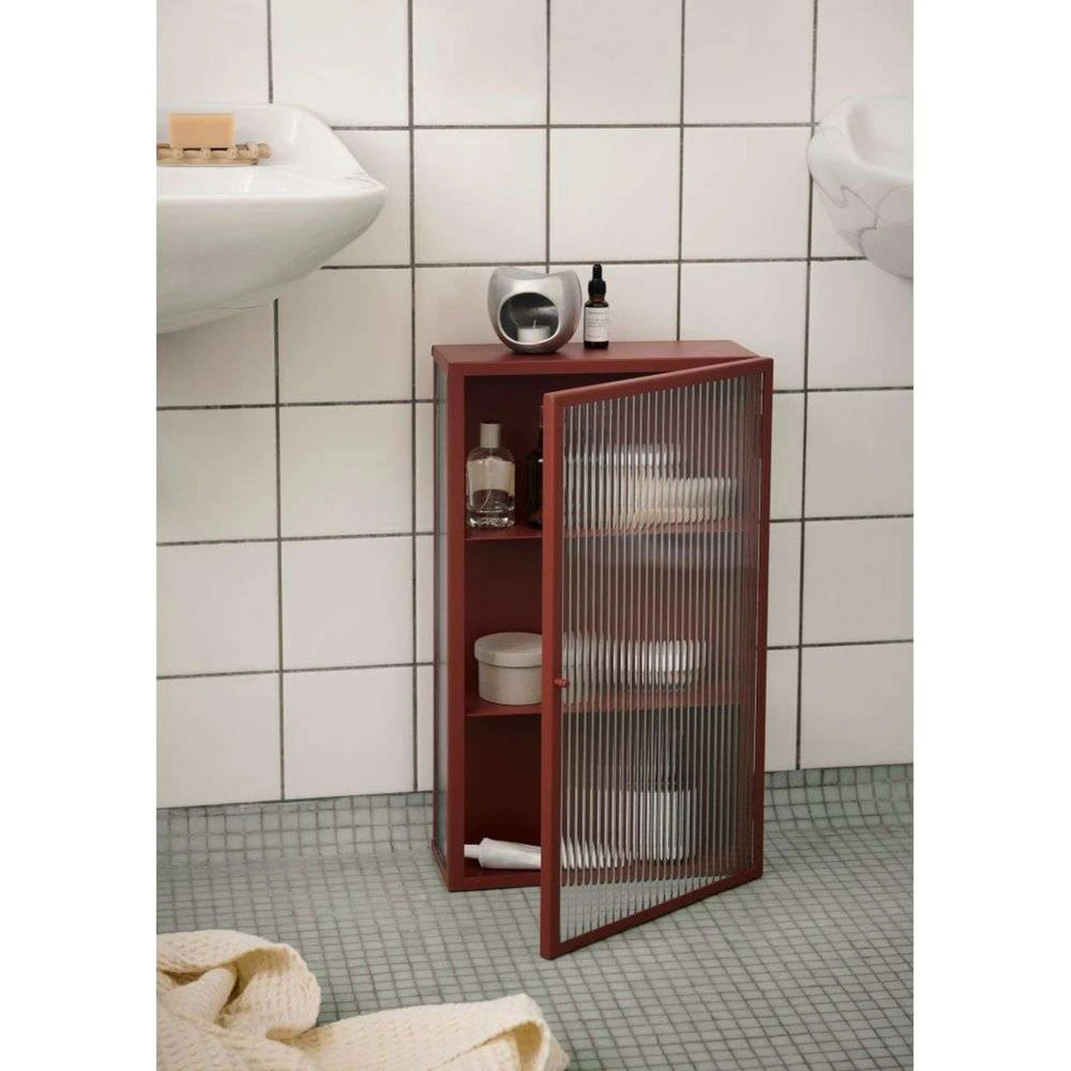 REEDED Wall Cabinet — with fluted glass, terracotta red
