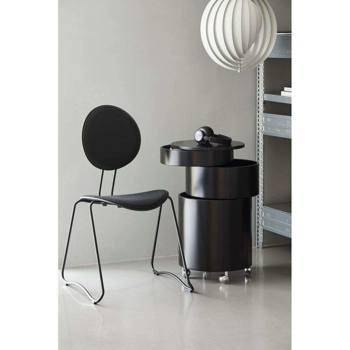 SWIVEL Bar Cabinet — cylindrical, on castors, matte black